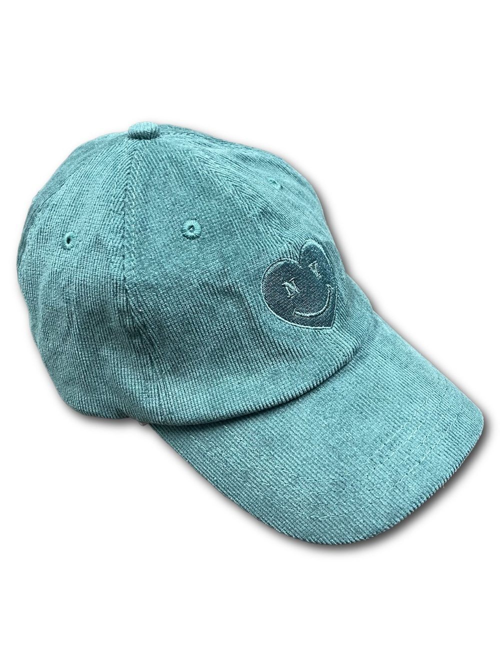 NYON Corduroy Baseball Cap - Embroidered Heart Smiley Face - Teal/Green RARE
